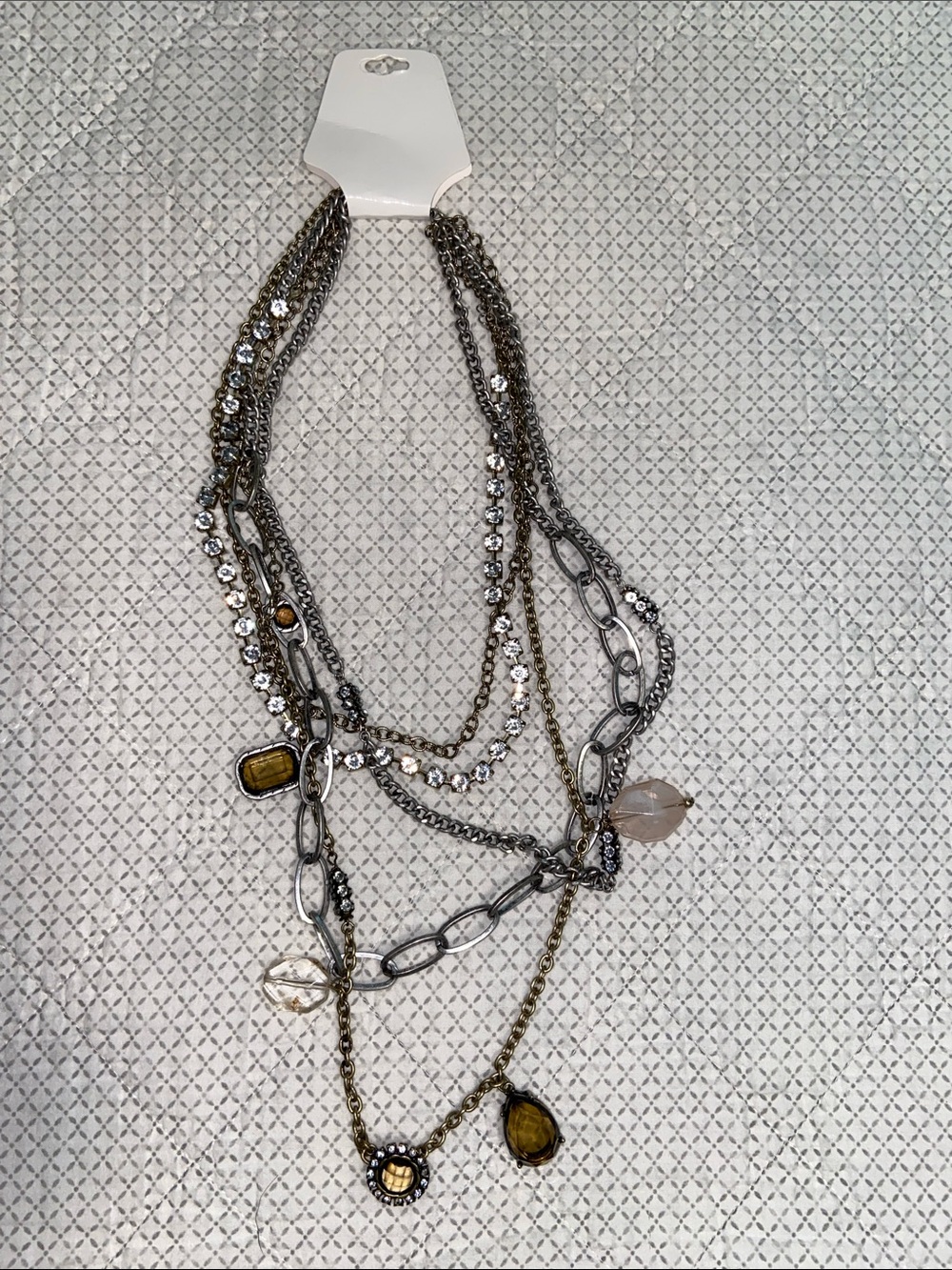 Multi-Strand Mixed Metal Necklace with Amber and Crystal Accents